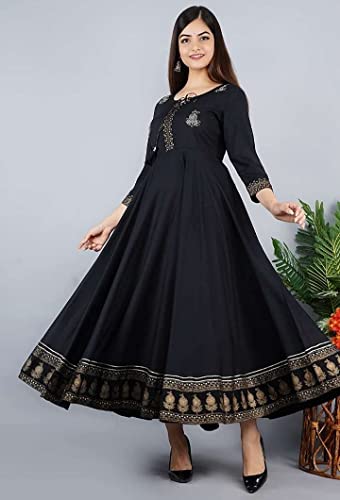 Image of Women's Rayon Golden Flroal Printed Anarkali Kurti