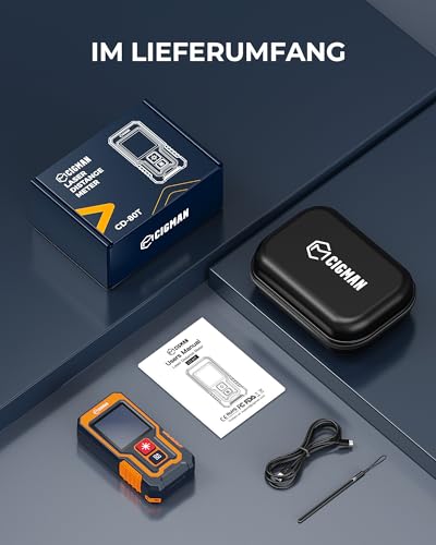 80 m Laser-Entfernungsmesser, CIGMAN Digitales Lasermessgerät mit hoher Genauigkeit, Mini Lasermessgerät mit wiederaufladbarer Batterie und LCD zur Messung von Entfernung/Fläche/Volumen/Pythagoras