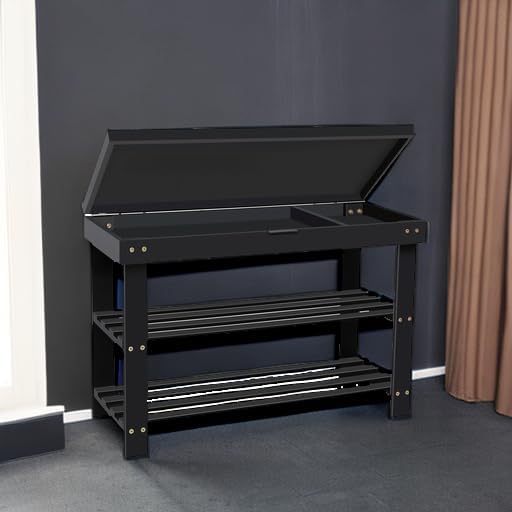 Miniatura 6 de BAMBUROBA Zapatero para entrada, banco pequeño de bambú de 3 niveles con cajón de almacenamiento, estante organizador de zapatos para uso en