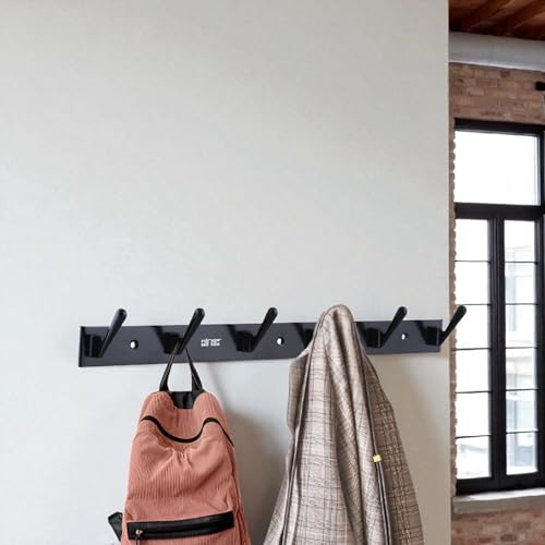 Image of Aluminium Cloth Hanger for Wall, Clothes Hook Hangers Door Mounted, Bathroom Hooks for Hanging Towel, Wall Mount Shirt Hangers, Dress Holder Hooks - 6 Pin - XL, Pack of 1, Black