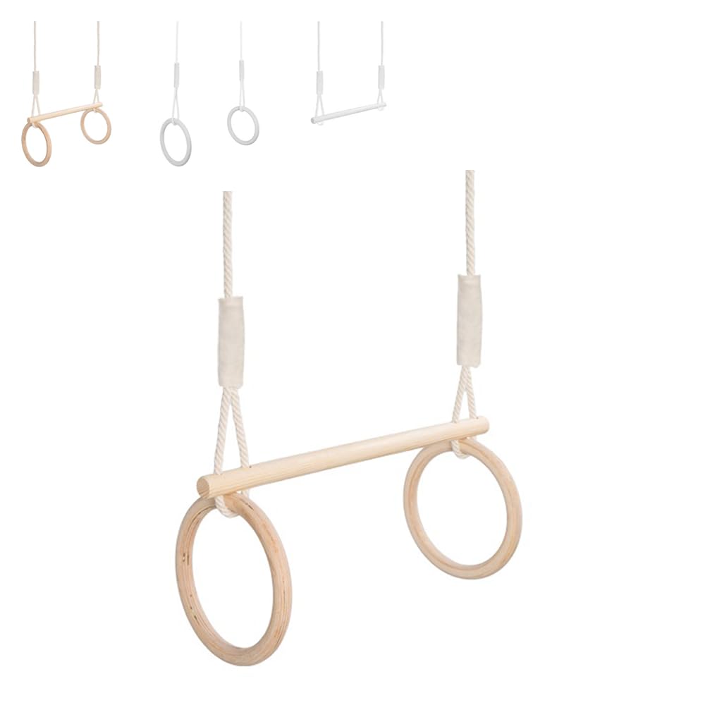 MAMOI® Anelli ginnastica artistica per bambini, Trapezio altalena in legno da casa, Attrezzatura altalene per uso interno, Dondolo multifunzione fino a 50kg