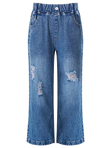 Girls Stretchy Ripped Distressed Denim Pants Retro Washed Wide Leg Jeans Loose Fit Distressed Denim Trousers3
