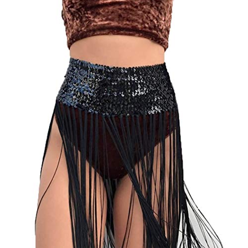 Victray Fringe Skirt Belly Dance Hip Skirts Tassel Sequins Hip Wrap Fashion Party Costume for Women and Girls (Black)