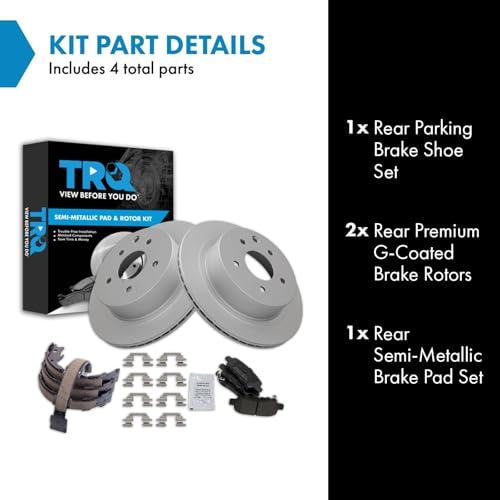 Image of TRQ Rear Brake Pad and Rotor Set Semi Metallic G Coated Rotors Parking Brake Shoe Compatible with 2011-2022 Nissan Leaf with Manual Parking 2008-2013 Rogue 2014-2015 Rogue Select