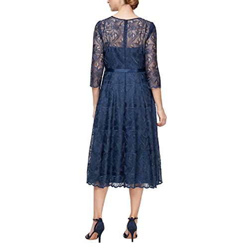 Image of Alex Evenings Womens Tea Length Embroidered Cocktail Dress with Illusion Sleeves, Wedding Guest (Petite and Regular Sizes)