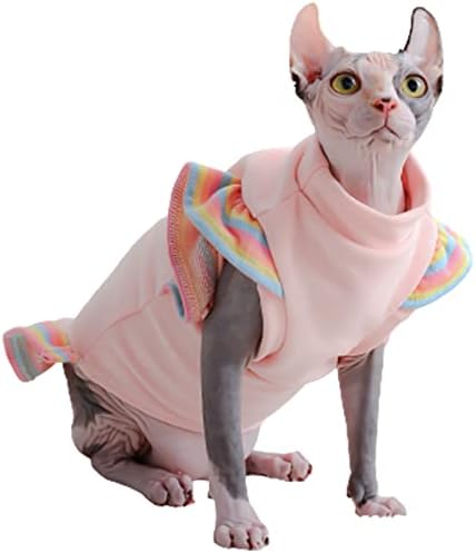 Bonaweite Sphynx Hairless Cats Cute Dress with Rainbow Puff Sleeve, Breathable Cotton Cat Wear Clothes Vest Shirt Skirt for Cornish Rex, Devon Rex, Peterbald