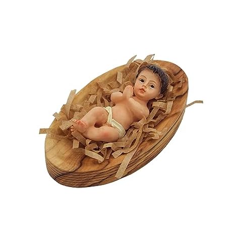 Olive Wood Gifts Shop Handcrafted Gypsum Baby Jesus (2.3 Inch) Laying in Olive Wood Manger (3.3 Inch), Carved by Talented Artists in Bethlehem (N01) Cover
