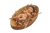 Olive Wood Gifts Shop Handcrafted Gypsum Baby Jesus (2.3 Inch) Laying in Olive Wood Manger (3.3 Inch), Carved by Talented Artists in Bethlehem (N01)