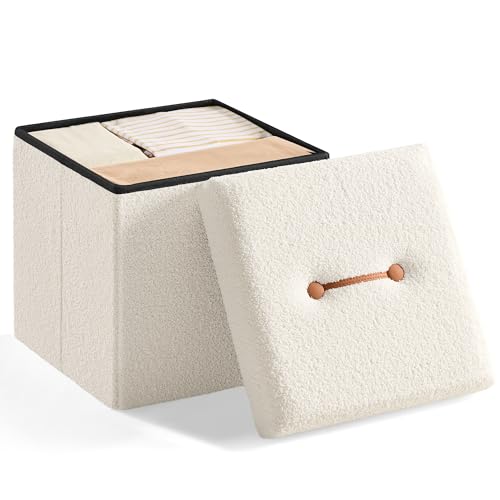 SONGMICS Cassapanca, Pouf Contenitore, Sgabello Poggiapiedi Pieghevole 38 x 38 x 38 cm, Regge fino a 300 kg, per Soggiorno, Camera da Letto, Ingresso, Bianco Crema LSF095W01V1