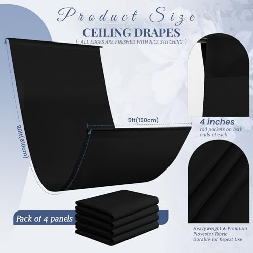 Rideaux de plafond pour décoration de mariage drapé noir en polyester de fête 1,5 x 6,1 m