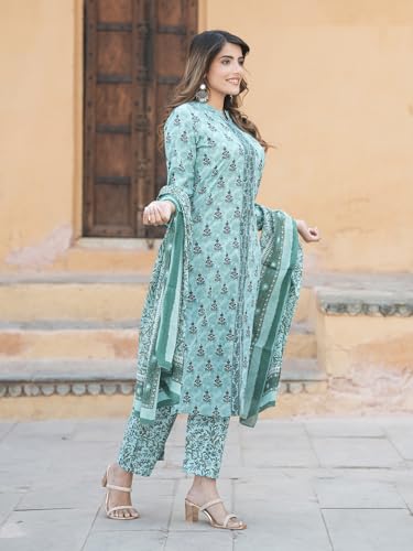 Image of Nefer Women Teal Green Pure Cotton Straight Ethnic Motifs Three-Quarter Sleeves Kurta Trouser Set With Dupatta