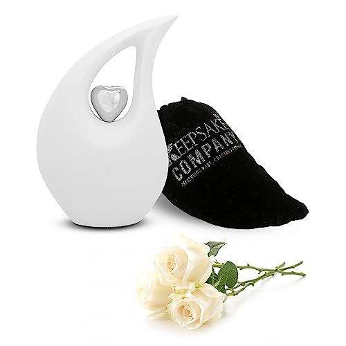 KEEPSAKE COMPANY Weiße, tropfenförmige, mittelgroße Urnen für menschliche Asche mit silbernem Herz (15,2 cm Höhe) – einzigartige mittelgroße Urne für Beerdigungen – kleine Haustierurne, weiß matt