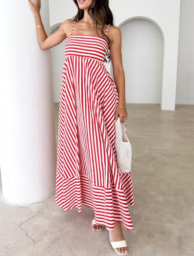 Image of NUFIWI Women Summer Striped Maxi Dress Spaghetti Strap Cutout Ruffle Long Dress Flowy Swing Beach Vocation Dress