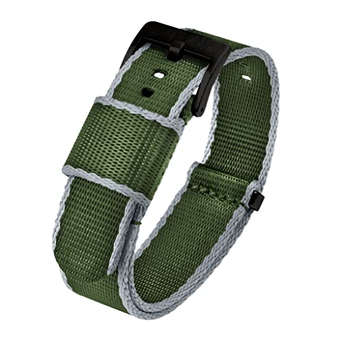 Image of BARTON WATCH BANDS, 20mm Grey /Green Edges - Elite NATO Style Watch Strap - Black Buckle - Seat Belt Nylon Watch Bands