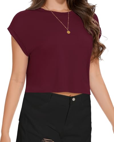 Image of Womens Crop Tops Summer Roll Cap Sleeve Cropped Tshirt Loose Fit Basic Tees
