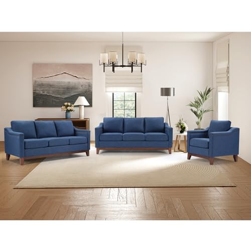 Image of Modern 3 Piece Sofa Set with Rivets, Included Chenille Accent Chair, and Upholstered 3-Seater Couches Set of 2 with Solid Wood Legs, Living Room Furniture Set,Blue