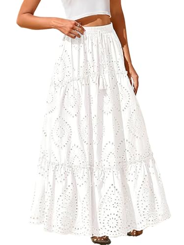 ebossy Women's Boho Elastic Waist Crochet Eyelet Embroidered Tiered Flowy A-Line Maxi Skirts