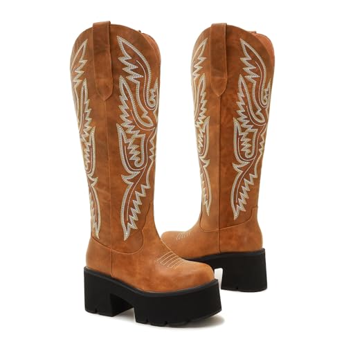 Image of Uillnoodu Wide Calf Cowboy Boots Women Adjustable Lace Up Knee High Tall Plus Size Cowgirl Boots Western Style Comfortable 2-Inch Heel