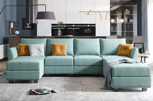 HONBAY Modular Sectional Sofa U Shaped Modular Couch with Storage, Convertible Modular Sectional Couch for Living Room, Aqua Blue