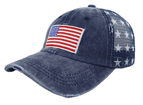 Image of American Flag Trucker Hat for Men Women, Adjustable Vintage Embroidery Washed Distressed USA Baseball Cap