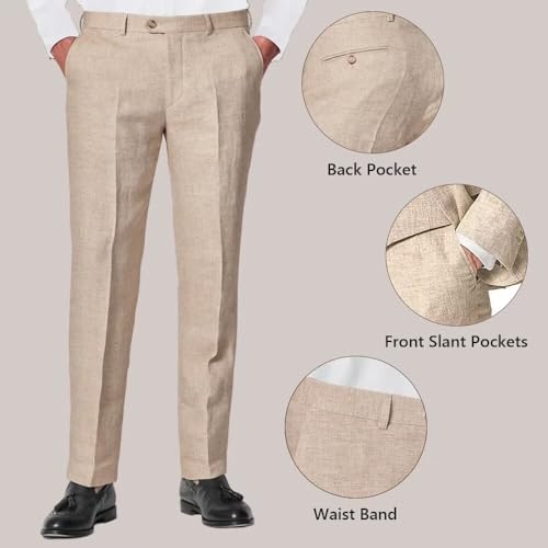 3 Piece Summer Linen Suits for Men, Men's Slim Fit Suit Set Two Buttons Casual Solid Blazers Vest Pants Set for Wedding Party, Beige, XL4