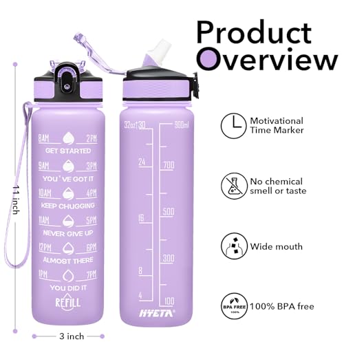 Image of Hyeta 32 oz Water Bottles with Times to Drink and Straw, Motivational Water Bottle with Time Marker, Leakproof, Drinking Sports Water Bottle for Fitness, Gym and Outdoor