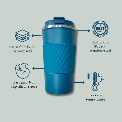 Image of YELONA Aqua Blue 380 ML Insulated Stainless Steel Coffee Tea Tumbler for Hot Cold Beverages Portable Travel Mug Leak Proof Sipper Lock Lid Thermos Multipurpose for Home Office Gifts