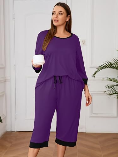 AusLook Women’s Plus Size Pajama Sets Purple 2X Soft 3/4 Sleeve Nightwear Top and Capri Pants Lounge Set with Pockets — view 3