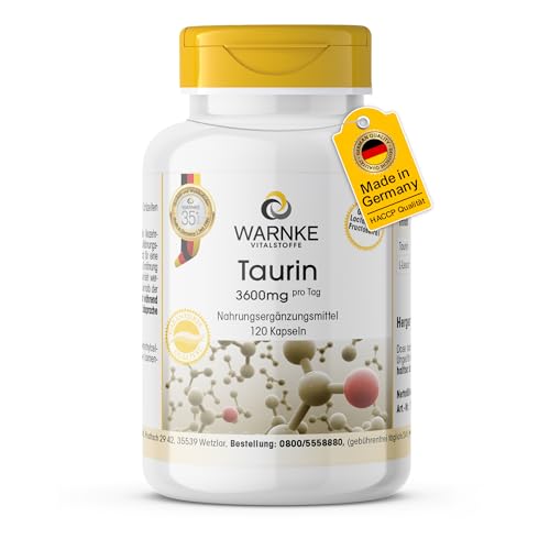 Taurin Kapseln - 3600mg Taurin pro Tagesdosis - 120 Kapseln - hochdosiert - vegan | Warnke Vitalstoffe - Deutsche Apothekenqualität