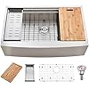 KINGO HOME 33-Inch 18 Gauge Handmade Stainless Steel Single Bowl Farmhouse Sink, Farm Sink 33 Inch Undermount Sink Apron Sink Workstation Farmhouse Kitchen Sink with Integrated Ledge and Accessories