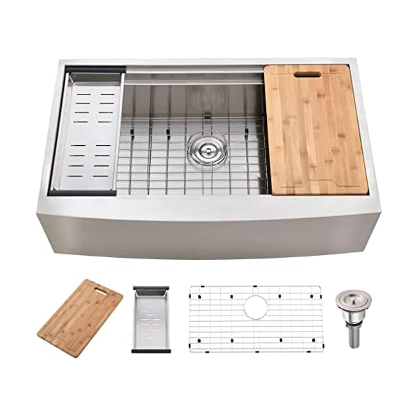 KINGO HOME 33-Inch 18 Gauge Handmade Stainless Steel Single Bowl Farmhouse Sink, Farm Sink 33 Inch Undermount Sink Apron Sink Workstation Farmhouse Kitchen Sink with Integrated Ledge and Accessories