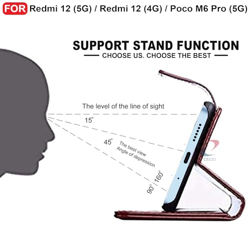 Image of CEDO Flip Cover for Redmi 12 (5G) / Redmi 12 (4G) / Poco M6 Pro (5G) | Leather Finish | Inside Pockets & Inbuilt Stand | Shockproof Wallet Style Magnetic Closure Back Case Flipcover (Brown)