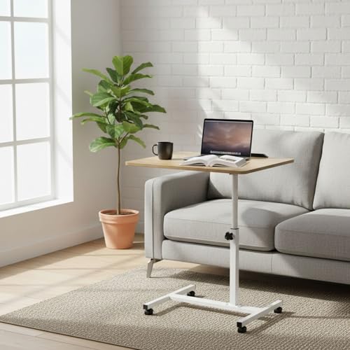 INDE MOBLEKIT | Mesa Auxiliar Regulable con Tablero Inclinable 60x40x59-89 cm, Escritorio con Ruedas para Sofá o Cama, Metal y Madera, Mesa Auxiliar con Altura Ajustable y Freno
