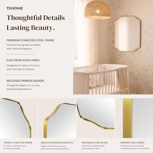 Image of TEHOME Scalloped Gold Bathroom Mirror Decorative Brushed Brass Metal Framed Irregular Bathroom Vanity Mirror 24x40''