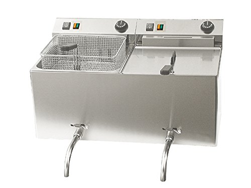 Profi Doppel-Fritteuse mit Ablasshahn, Edelstahl, 2 x 10 Liter, 50-190°C; FE-1010T GGG