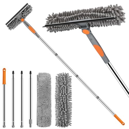 SetSail Window Squeegee with Extension Pole 2-in-1 Window Cleaning Kit Professional Window Cleaner Tool with Rotatable Head and 2 Scrubbers for Outdoor Indoor Car Windows Glass Grey Orange