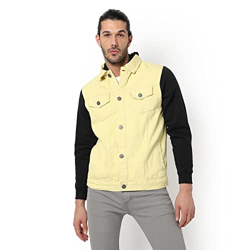 Image of Campus Sutra Men's Light-Washed Yellow & Black Regular Fit Denim Jacket For Winter Wear | Hooded Collar | Full Sleeve | Buttoned | Casual Denim Jacket For Man | Western Stylish Denim Jacket For Men