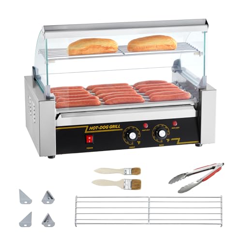Happybuy Hot Dog Roller, 7 Rollers Capacity for 18 Hot Dogs, 1050W Stainless Steel Cooker with Dual Temp Control, Glass Hood, Bun Warmer Shelf, Removable Oil Drip Tray, ETL Certified