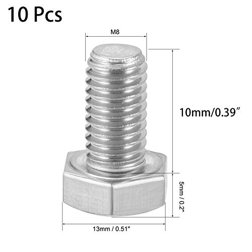 Image of 10 Pcs M8 Hex Bolt M8-1.25 x 10mm UNC Hex Head Screw Bolts A2-70(304) Stainless Steel Fully Threaded Hex Tap Bolts,Plain Finish,Fully Threaded (M8 x 10mm)