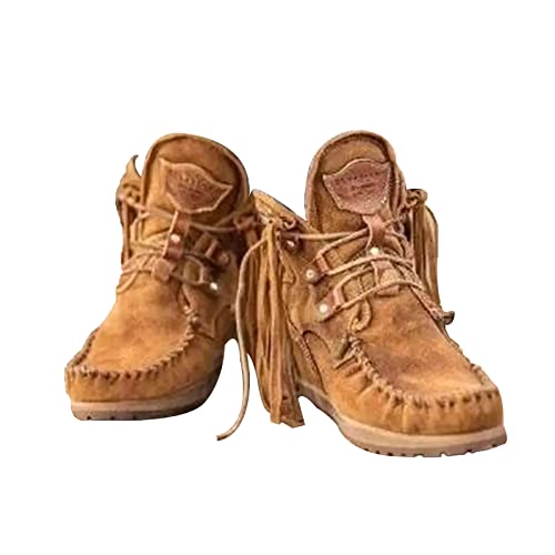 MOYOWEI Women's Vintage Cowboy Fringed Ankle Boots,Lightweight Comfy Suede High Top Round Toe Hippie Moccasin Short Booties