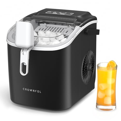 CROWNFUL Ice Maker Countertop with Handle, Self-Cleaning Ice Maker with Scoop and Basket,26lbs/24H,9 Cubes in 6 Mins,Portable Small Ice Machine with Scoop and Basket for Home Kitchen Office Bar Party