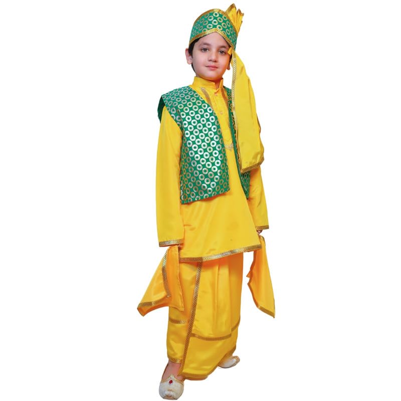 Image of Kaku Fancy Dresses Punjabi Boy Ethnic Costume for Kids - Yellow & Green Kurta Salwar & Turban Set | Indian State Fancy Dress for Boys (14-17 Years)