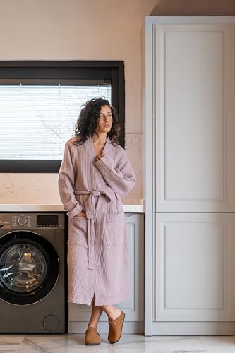 Image of Muslin Unisex Bathrobe Women & Men, 100% Cotton Kimono Lightweight Robe | Long Robes Soft, Absorbent, Spa robes