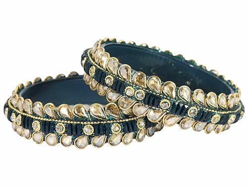 Image of NMII Glass Golden Zircon Stone & Kundan Beads Kada Set For Women & Girls | Fancy Design Kada Bangles | Traditional Look Kangan | Glass Bangles For Women Wedding, Party, Function, Daily use