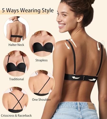 Image of Strapless Bras for Women with Support - Womens Underwire Push Up Plunge Full Coverage Tshirt Bra with Extender