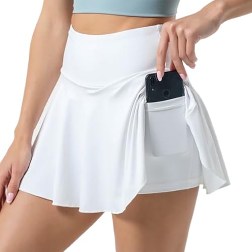 JIRONN Women's High-Waist Tennis Skorts with Pockets, Athletic Tennis Skirts with Inner Shorts, Pleated Tennis Skirts, Sport Skorts (AU, Alpha, X-Large, Regular, White)