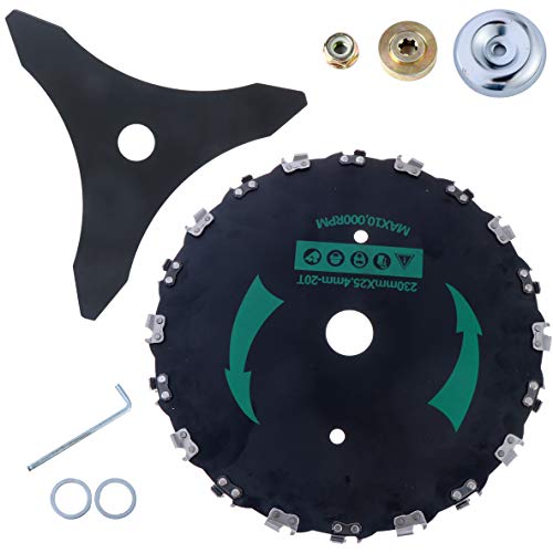 LOCOLO 2PCS Chainsaw Tooth with Accessories, Round Chainsaw Tooth 9" Brush Blade + 3 Teeth 10" Steel Grass Brush Cutter Blade Garden Lawn Trimmer Accessories for Mower Weed Tools