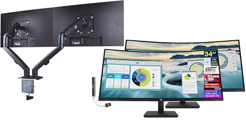 Image of HP P34hc 34 inch WQHD Monitor with 5ms Response Time, Anti-Glare, Flicker Free, VESA Mount (100mm), Displayport, HDMI & Black Color (21Y56AA#ABA) 2 Pack with DKZ Hub & ErgoFlexy Dual Monitor Mount