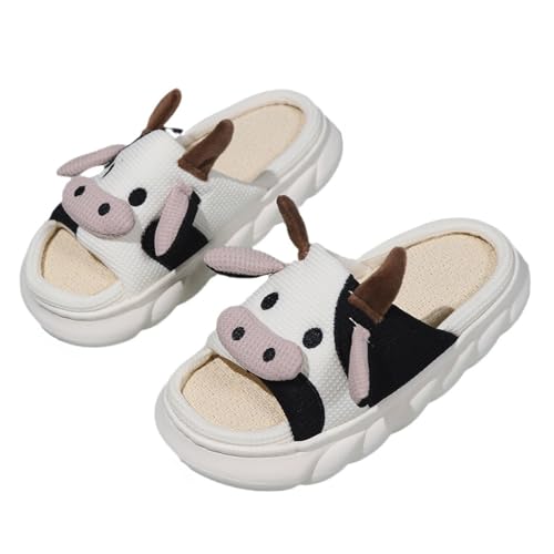 HANDKEI Cartoon Cow Slippers Thick Sole Comfortable Linen Slippers Women's Indoor and Outdoor Anti slip Home Slippers