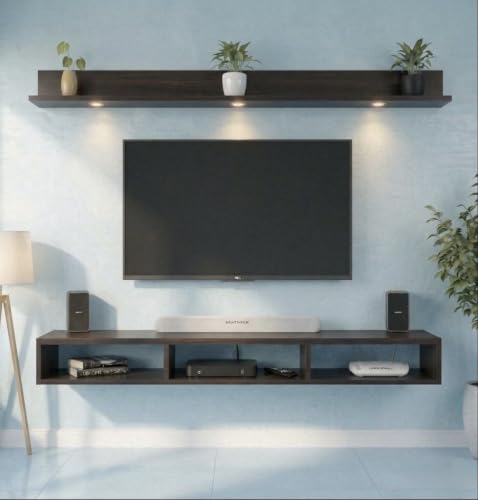 Image of Bros Moon Wall Mounted TV Cabinet Parallel Rooftop Model, Dark Wenge, pre-Laminated, Wood, for Living Room, Suits TV up to 55 Inches (Dark Wenge, Rooftop 48 Inches Base with Light)